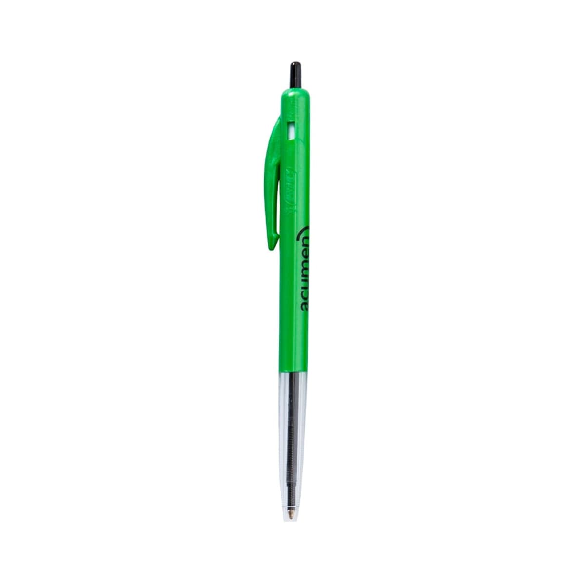 Green ballpoint pen with a clickable top and a transparent lower barrel.