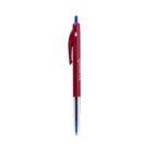 Red and blue retractable ballpoint pen on white background.