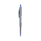 Gray and blue retractable ballpoint pen on a white background.