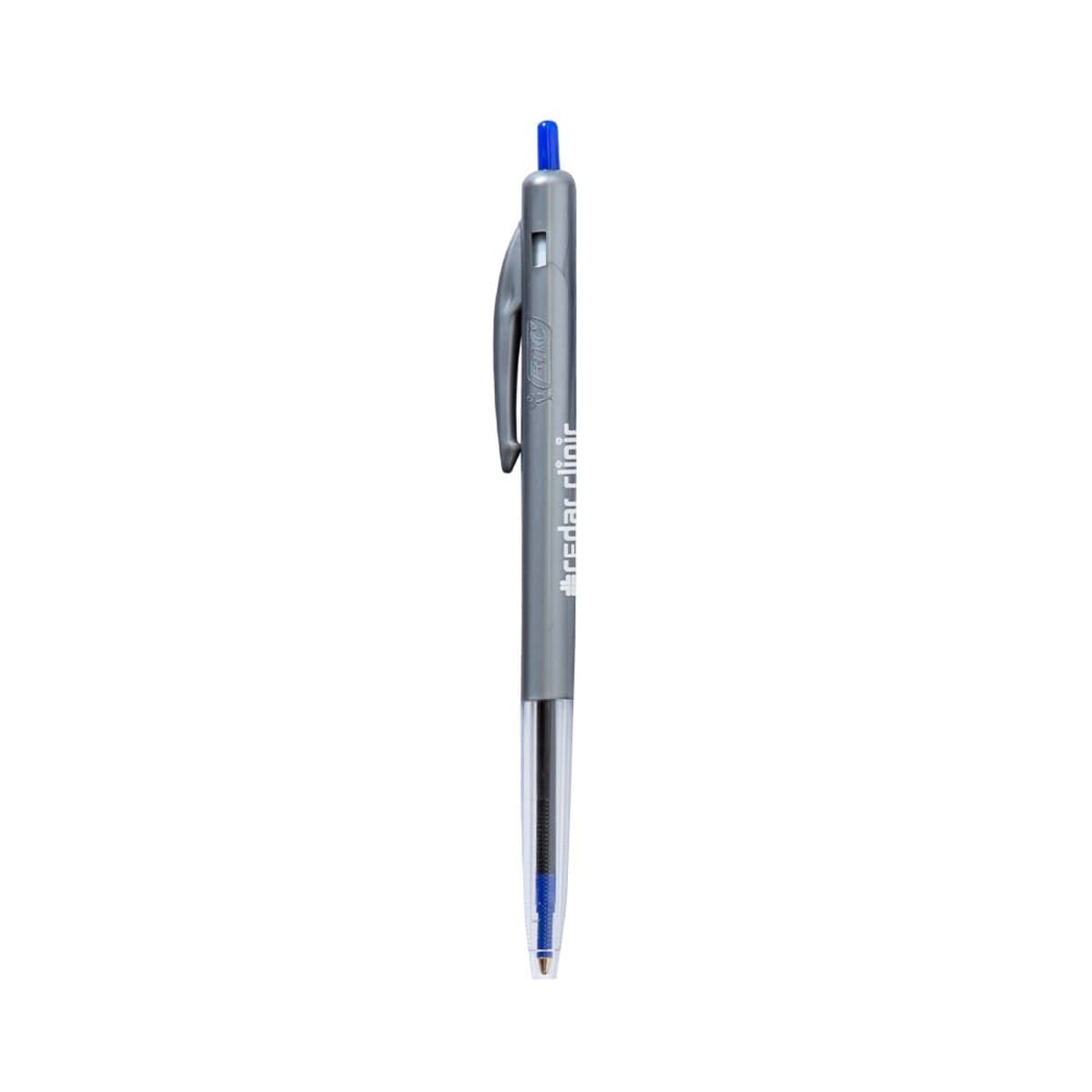 Gray and blue retractable ballpoint pen on a white background.