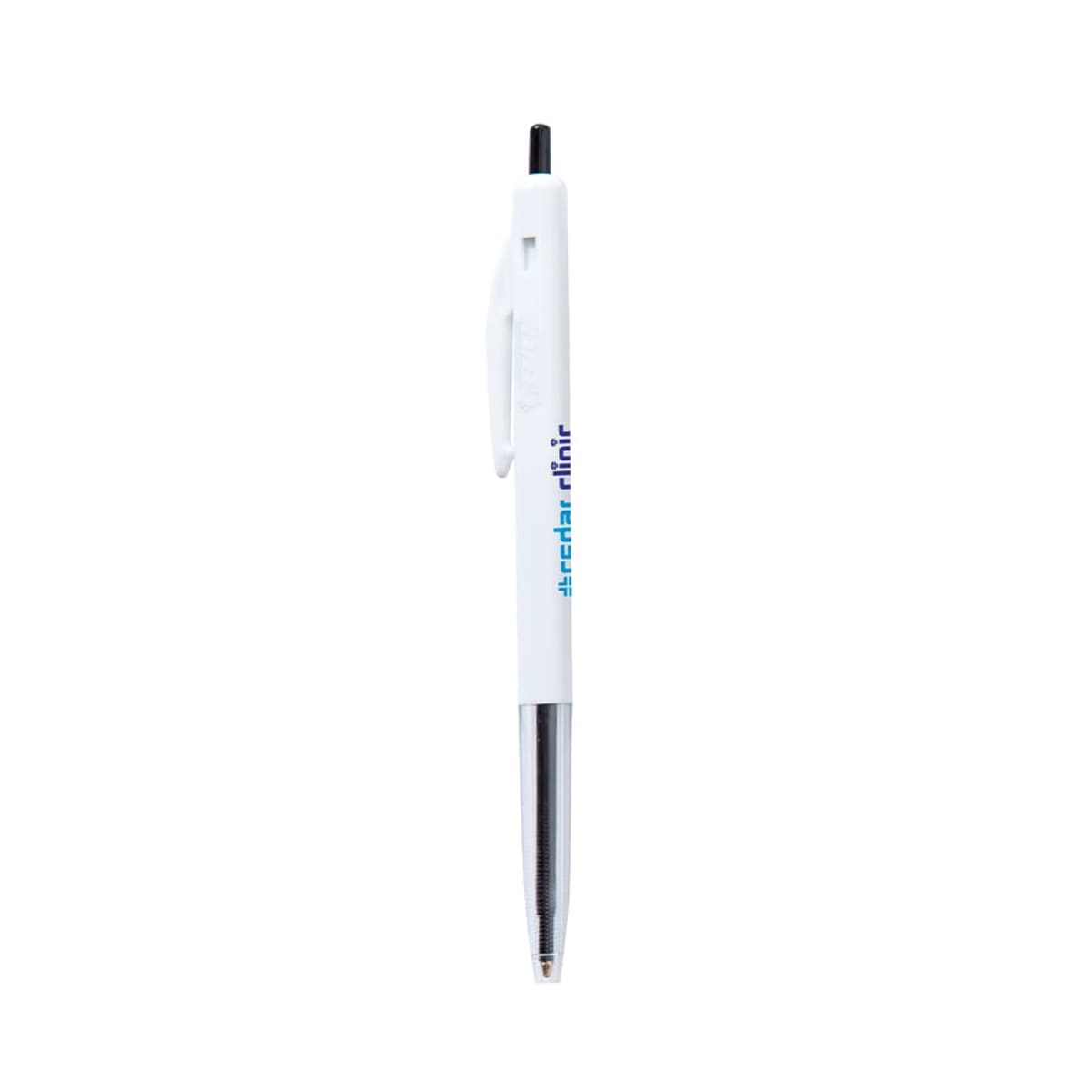 White and silver ballpoint pen with a pocket clip against a plain background.