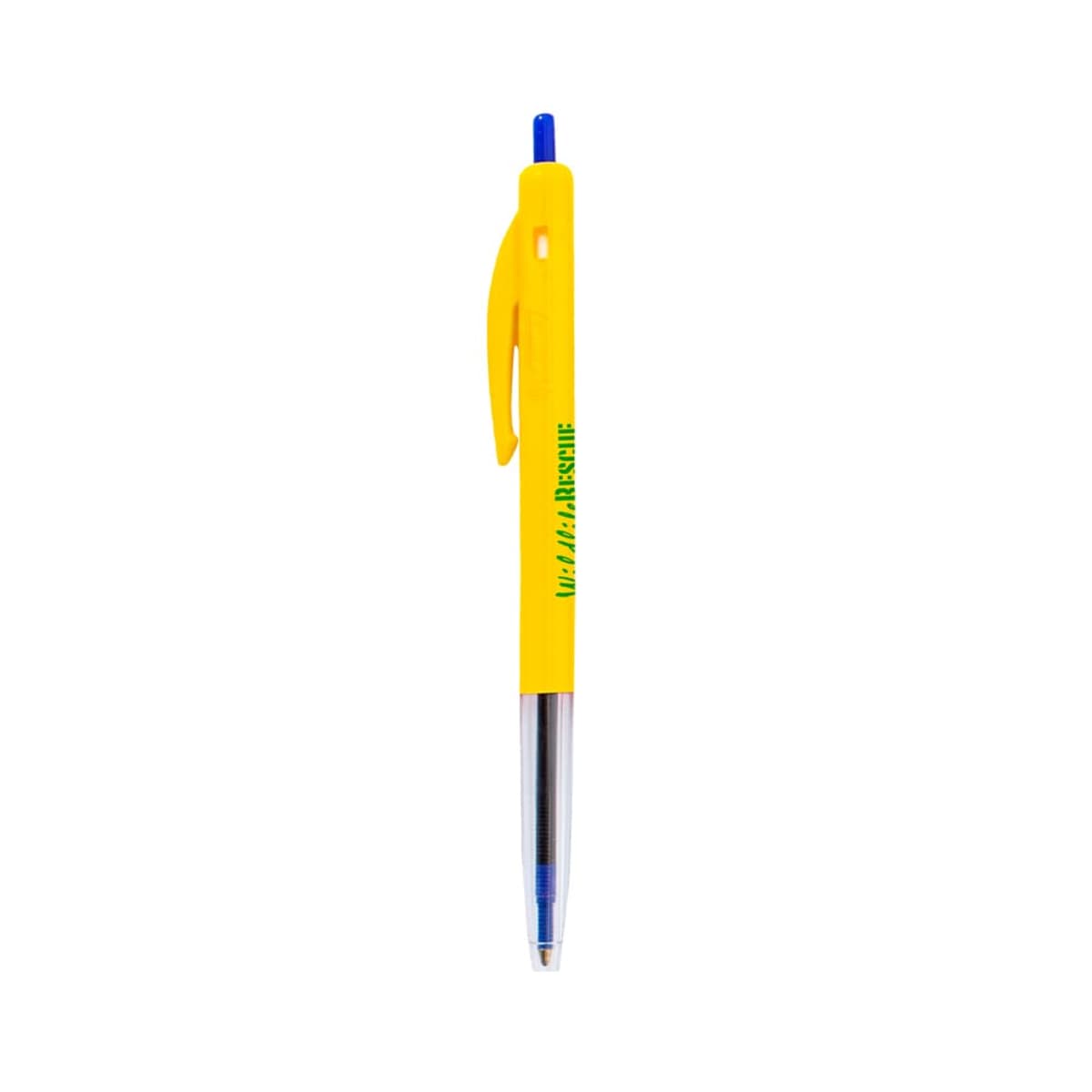 Yellow and blue ballpoint pen with a clear barrel and clip.