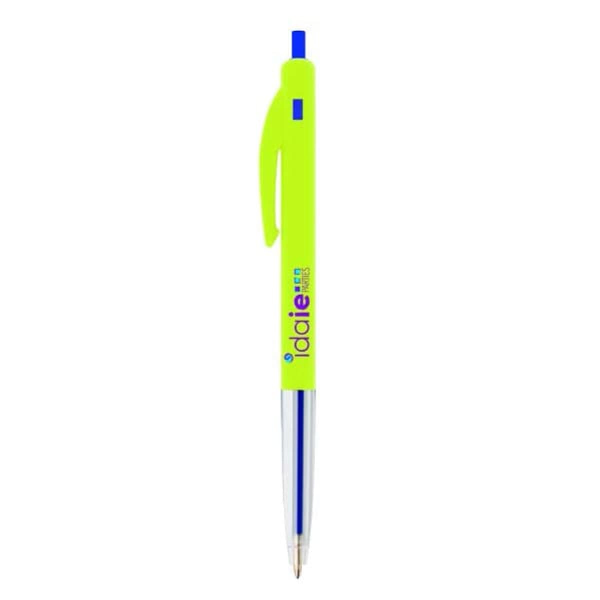 Bright yellow pen with blue ink and a clip on the side.