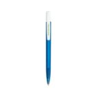 Blue ballpoint pen with a white clip, shown vertically on a plain white background.