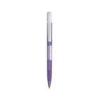 Purple and white retractable ballpoint pen with a clip and oneacome label on the barrel.