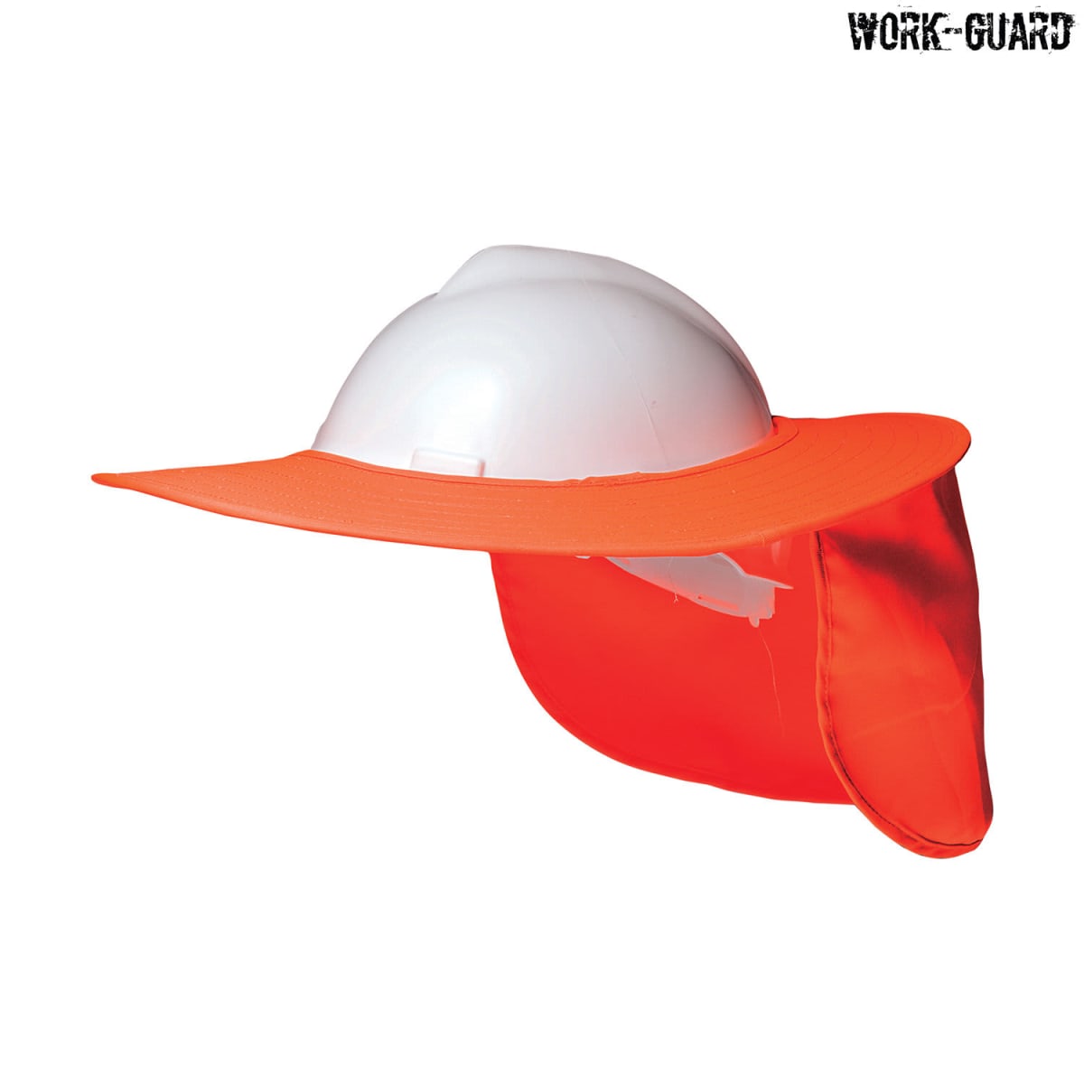 A white safety helmet with an attached bright orange wide brim and neck flap, designed for sun protection. The word Work-Guard is visible in the top right corner.