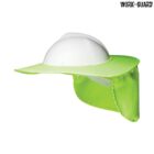 A white hard hat with a bright green brim and neck flap for added sun protection. The green material covers the sides and back, providing shade. A black WORK-GUARD logo is printed in the top right corner.
