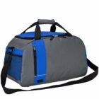 A gray and blue gym bag with a black adjustable shoulder strap. The bag features multiple zippered compartments, black handles with a Velcro grip, and a mesh pocket on the side. The bag is placed on a plain white background.
