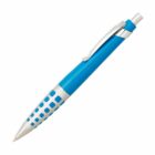 A blue and silver retractable ballpoint pen with a patterned grip area. The pen has a clip and a click mechanism at the top for extending the writing tip.
