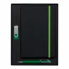A black gift set featuring a notebook with a green elastic band, a green and silver pen, and a green and silver USB flash drive, all neatly arranged in a black box.