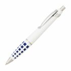 A white retractable pen with a silver clip and tip, featuring a pattern of blue squares on the lower half.