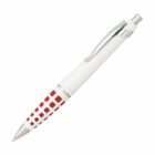 A white retractable ballpoint pen with a silver clip and tip. The lower part of the pen features a pattern of red squares.