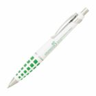 A white pen with green square patterns near the grip and a silver clip. The pen features the logo and text of Applewood and Shopping Centre in green on the barrel.