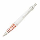 A ballpoint pen with a white body and a red checkerboard pattern on the grip. It features a silver clip and a push button on top.