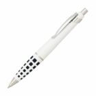 A white and black retractable ballpoint pen with a silver clip. The lower half features a pattern of small black squares. The pen is positioned diagonally against a white background.
