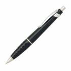 A black ballpoint pen with a textured grip and a silver clip, resting against a white background.
