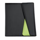 A black folder with a triangular green flap partially visible, creating a layered effect. The material appears smooth and glossy. The design is sleek and modern.