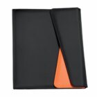 A sleek black folder with a unique, angled closure revealing an orange interior accent. The folder has a modern, professional appearance with clean lines and a smooth surface.