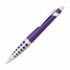 A purple ballpoint pen with a silver clip and a grid-like silver pattern near the grip area. The pen has a retractable push button for the nib.