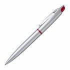 A sleek silver pen with a red accent and clip, positioned diagonally on a white background.