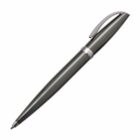 A sleek black ballpoint pen with a silver clip and a metallic band near the top. The pen is angled slightly upward.