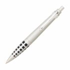 A silver ballpoint pen with a sleek design and a black grid pattern near the grip. The pen is angled diagonally, showcasing its modern and ergonomic build.