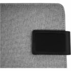 Gray fabric journal cover, featuring a textured surface and a black closure strap at the edge.