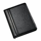 A black leather portfolio binder with a smooth surface, closed and placed against a white background. The binder has a subtle embossed line along the front, adding a touch of elegance.