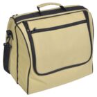 A beige rectangular soft-sided carrying case with black zippers and trim. It has a large front pocket and a detachable shoulder strap, as well as a small handle on top for carrying.