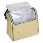 A beige insulated cooler bag with a partially open lid, revealing a silver, reflective interior. The bag has a black strap and black trim around the edges.