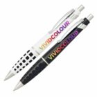 Two ballpoint pens are displayed. The top pen is white with VIVID COLOUR in rainbow text and a checkered grip. The bottom pen is black with the same text and design. Both have silver tips and clips.