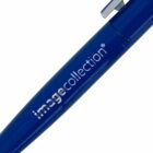 A close-up of a blue pen with a silver clip at the top. The pen has the words imagecollection printed on its body in a silver color.