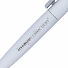 Close-up of a sleek, white pen with image collection written on the barrel in silver.