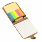 Open notebook set with a pen, lined paper, and sticky notes in yellow, blue, green, pink, and orange. The cover is brown with a button closure.