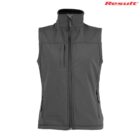 Sleeveless dark grey zip-up vest with pockets, displayed on a white background.