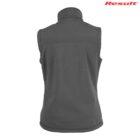 Back view of a dark gray sleeveless vest with a high collar on a white background.