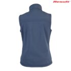 Back view of a blue sleeveless vest with a high collar on a white background.