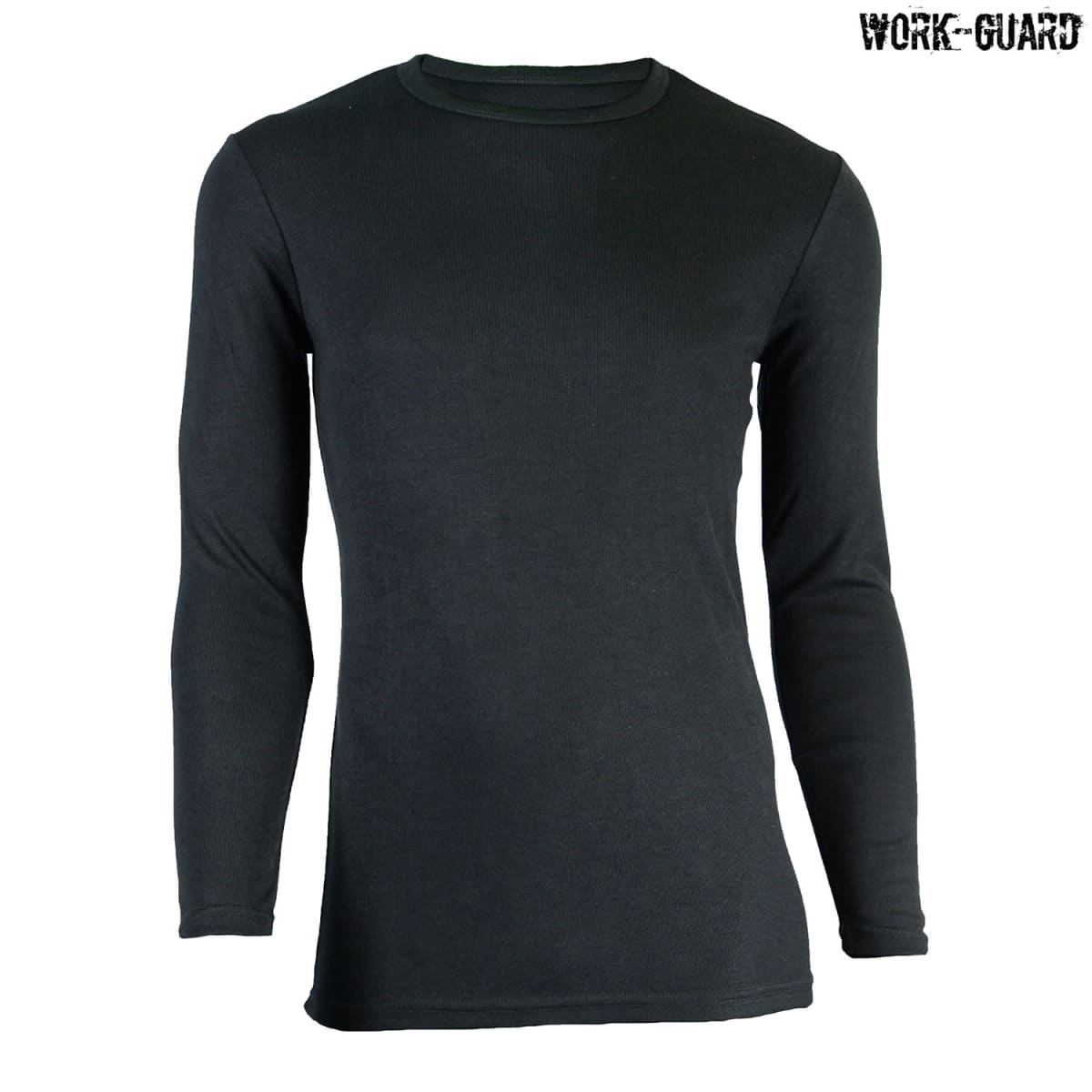 Black long-sleeve thermal shirt with a crew neck, displayed against a white background. WORK-GUARD branding is visible in the top right corner.