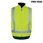 High-visibility safety vest in bright yellow with reflective silver stripes. It features a front zipper and pockets. The brand Work-Guard is printed in the top right corner.