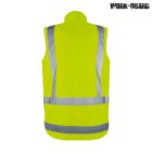 Bright yellow high-visibility safety vest with reflective silver stripes, shown from the back. The vest has a high collar and two vertical stripes down the back, as well as a horizontal stripe across the lower part. Work-Guard logo in top right.