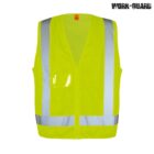 Bright yellow high-visibility safety vest with reflective silver stripes down the front and around the waist. The vest has a zipper closure and a clear pocket on the left chest. The brand name Work-Guard is visible in the top right corner.