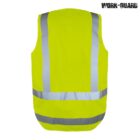 A bright yellow safety vest with reflective silver stripes across the front and back is displayed against a white background. The logo WORK-GUARD is visible in the top right corner.