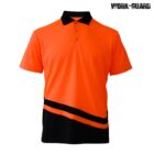 Orange and black polo shirt with a black collar and button placket. The lower section features two diagonal black stripes. WORK-GUARD is printed in the top right corner.
