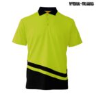 Bright yellow polo shirt with a black collar and a three-button placket. The shirt has a black and yellow diagonal stripe pattern at the bottom. The WORK-GUARD logo is visible in the top right corner.