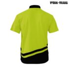 A bright yellow short-sleeve polo shirt with a black collar and hemline. It features two diagonal black stripes near the bottom. The logo WORK-GUARD is printed in the top right corner. The shirt is displayed against a white background.