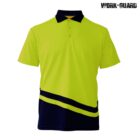 Bright yellow polo shirt with a dark collar and three buttons. The shirt features a dark angled stripe across the lower half and a smaller parallel stripe above. The WORK-GUARD logo is in the upper right corner.