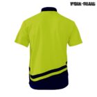 Back view of a bright yellow polo shirt with a black collar and black lower section. The design features a diagonal black stripe on each side. Work-Guard logo in the top right corner. Plain white background.