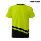 Bright yellow T-shirt with black bottom section and diagonal stripe. Features a black collar and WORK-GUARD logo. Simple and bold design.
