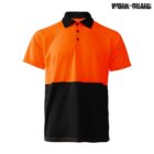 A short-sleeve polo shirt with a bright orange top half and a black bottom half, featuring a black collar and three black buttons. The shirt has a logo that says WORK-GUARD in the top right corner.