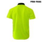 A bright yellow short-sleeve polo shirt with a black collar is displayed from the back. The logo WORK-GUARD is printed in the upper right corner. The shirt is plain with no additional designs.